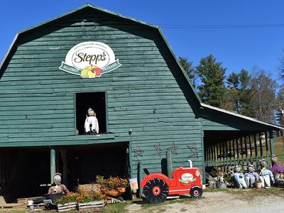 Green barn with "Stepp's" Hillcrest Orchard sign, red tractor cutout and scarecrow figures