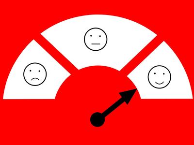 Gauge with three faces (sad, neutral, happy) and needle pointing to the happy face on red bg