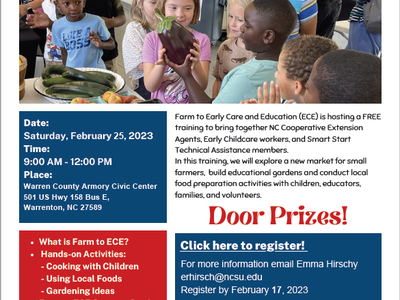 Children and adults holding vegetables; "Farm to Early Care and Education Training" Feb 25, 2023