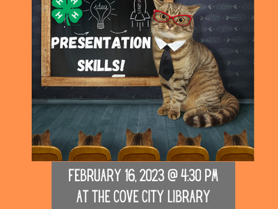 Image of cat with glasses teaching other cats and the text says:"Presentation Skills! February 16, 2023 @ 4:30PM at the Cove City Library"