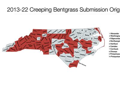 North Carolina county map with red and gray counties; title "2013-22 Creeping Bentgrass Submission Origin"