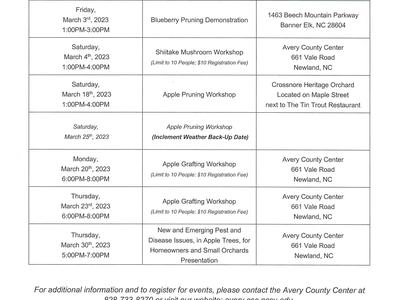 NC Cooperative Extension events schedule listing March 2023 workshops and locations