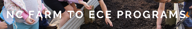 Children planting in a raised garden bed; overlaid text: "NC FARM TO ECE PROGRAMS"