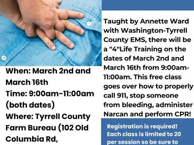 Person receiving CPR chest compressions; "4" LIFE TRAINING flyer, March 2 and March 16