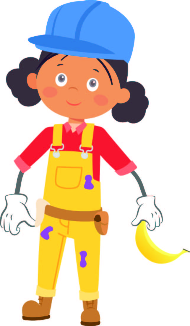A girl in overalls holding a banana. 