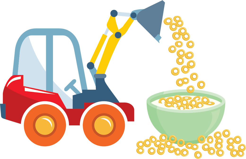 A tractor dumping cereal into a bowl of milk.