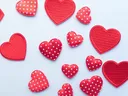Scattered red fabric hearts, some solid and some white polka-dotted, on a white background