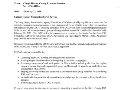 USDA notice: County Committee (COC) Advisor solicitation to underrepresented groups, Feb 23 2023