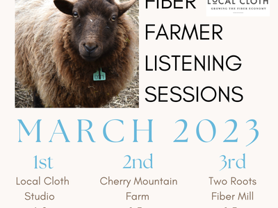 Brown sheep with ear tag; text reads "FIBER FARMER LISTENING SESSIONS — MARCH 2023" and event dates