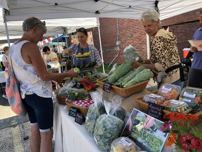 Outdoor farmers market stall where vendors and customers exchange leafy greens and produce
