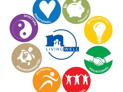 LivingWell logo centered with eight colored wellness icons arranged in a circle