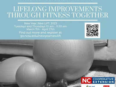 Flyer for LIFT Program featuring a picture with exercise equipment, QR code to registration, and N.C. Cooperative Extension Logo