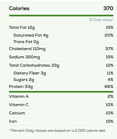 Nutritional value chart showing 370 calories per serving.