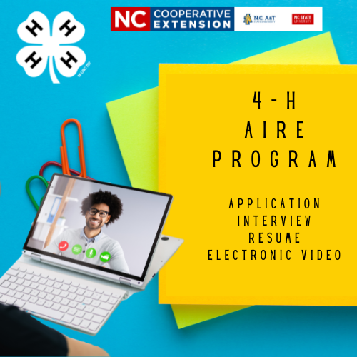 Image of post-it notes, paper clips, and a person on a Zoom call. Text Reads "4-H AIRE Program Application Interview Resume Electronic Video"