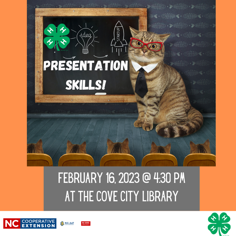 Image of cat with glasses teaching other cats and the text says:"Presentation Skills! February 16, 2023 @ 4:30PM at the Cove City Library"