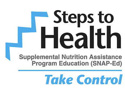 Steps to Health logo with blue stairs; text "SNAP-Ed" and "Take Control"