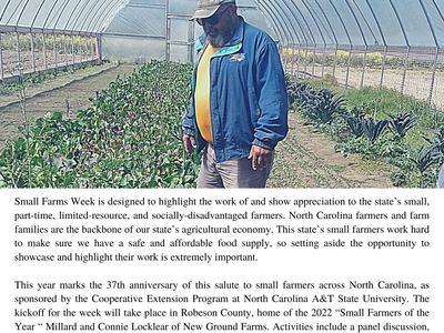Man inspecting crops inside a greenhouse; header text "Small Farms Week March 27–31, 2023"