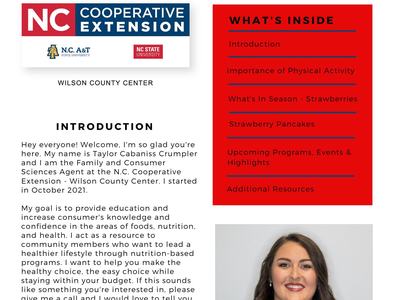 Newsletter "WILSON BITS & BITES" Spring 2023; NC Cooperative Extension logo, contents list, headshot