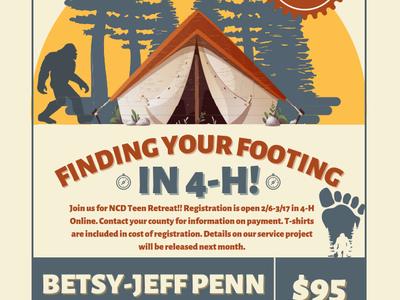 Tent and forest graphic with text "Finding Your Footing in 4‑H!" dates 31 Mar–1 Apr Betsy‑Jeff Penn $95