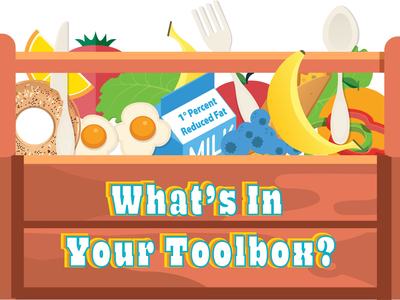 Wooden toolbox of foods (banana, milk "1% Reduced Fat", eggs, bagel) with text "What's In Your Toolbox?"