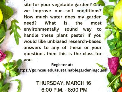 Sustainable Gardening Class flyer — Thursday March 16, 6:00–8:00 PM, O.P. Owens Agriculture Center, Lumberton
