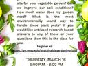 Sustainable Gardening Class flyer — Thursday March 16, 6:00–8:00 PM, O.P. Owens Agriculture Center, Lumberton