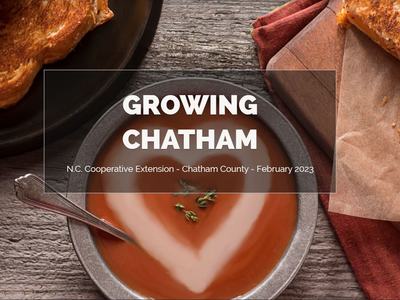 Tomato soup with cream heart and thyme, grilled cheese beside, overlay text "GROWING CHATHAM"