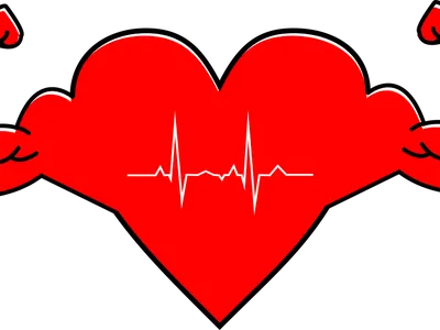 Red heart with flexed biceps on both sides and white ECG line across center
