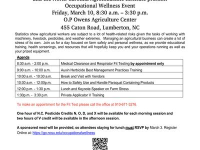 NC Extension Robeson County Occupational Wellness Mar 10 8:30–3:30, 455 Caton Rd, Lumberton NC