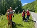 Four people in orange safety vests picking up roadside litter with grabbers