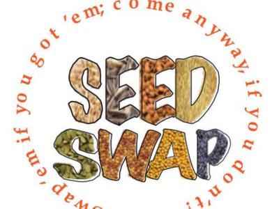 Logo reading SEED SWAP with circular text Swap 'em if you got 'em; come anyway, if you don't!