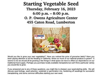 Flyer for Your Table, Your Food vegetable seed workshop Feb 16, 2023, 6–8 p.m., Lumberton