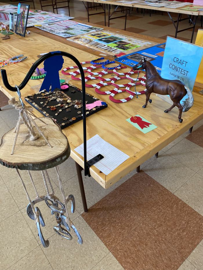 Table with model horse, ribbons, horseshoe wind chime; sign: CRAFT CONTEST Junior (8-13)