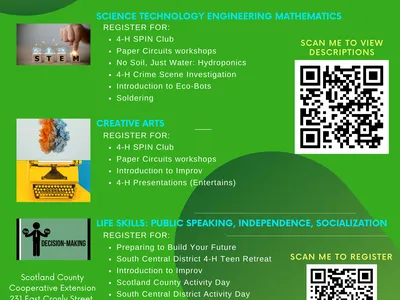 2023 Events Scotland County 4-H flyer listing youth programs, workshops, and QR codes
