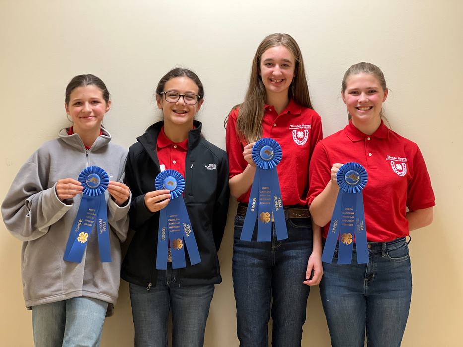 Four teens standing side-by-side holding blue award ribbons