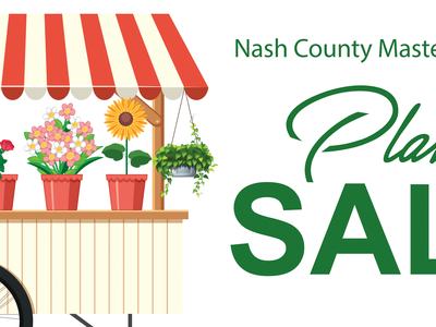 Market cart with potted plants and hanging baskets and text "Nash County Master Gardener Plant SALE"