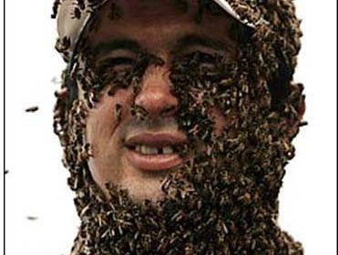 Person with face and head densely covered by thousands of bees