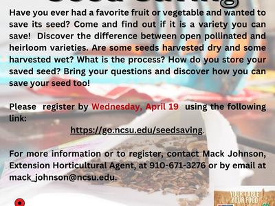 Seed Saving flyer — Robeson County Center; April 20, 2023, 6–8 p.m.; go.ncsu.edu/seedsaving