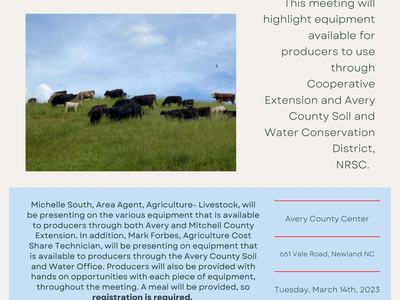 Avery County Annual Livestock Meeting flyer with grazing cattle photo and event details