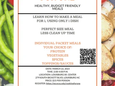 Cooking for One Cooking Class flyer with registration, date, time and location info.