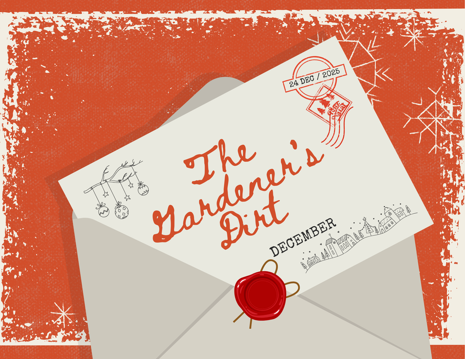 Red background with cream envelope with the words The Gardener's Dirt 