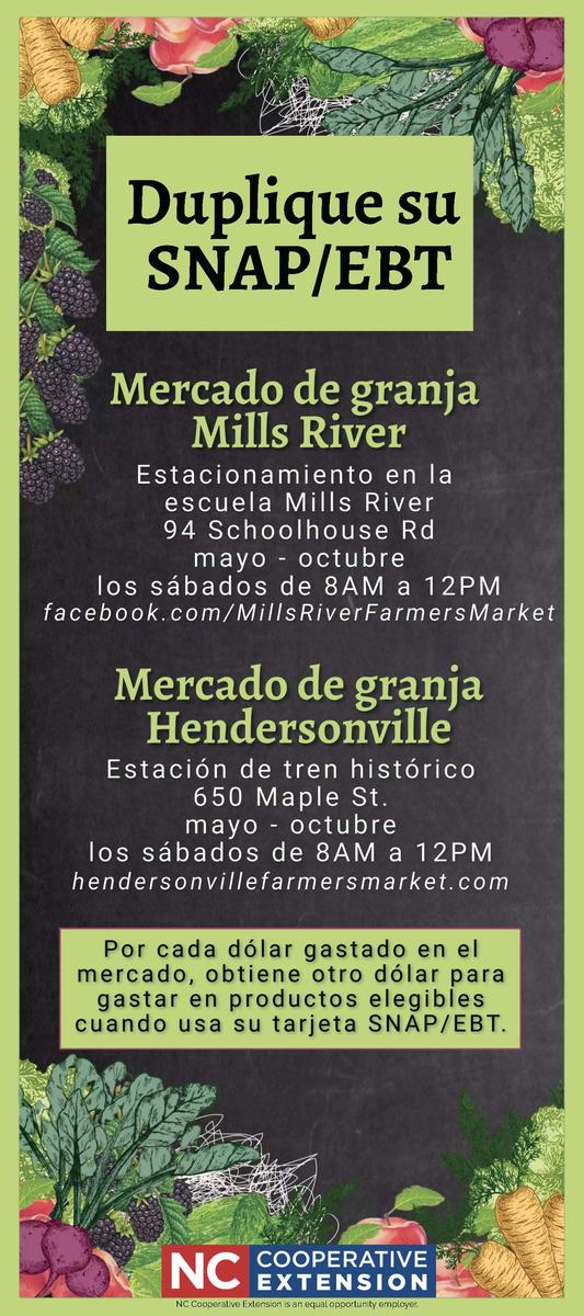 Flyer reading "Duplique su SNAP/EBT" with Mills River and Hendersonville farmers market details