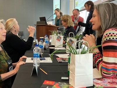 Volunteers attending the conference interact with panel members.