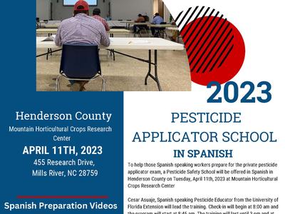 Man in red cap seated in classroom; flyer: "2023 Pesticide Applicator School in Spanish, April 11, 2023"