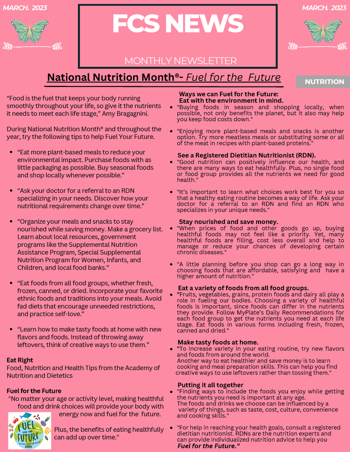 FCS News Monthly Newsletter National Nutrition Month page 1