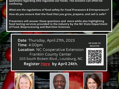 Food Safety Regulations for Food Production flyer with date, time, registration info and images of presenters, Lynette, Jimo and Kate