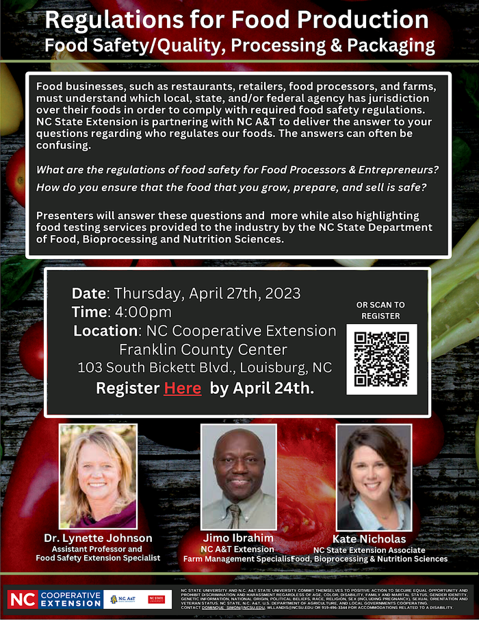 Food Safety Regulations for Food Production flyer with date, time, registration info and images of presenters, Lynette, Jimo and Kate