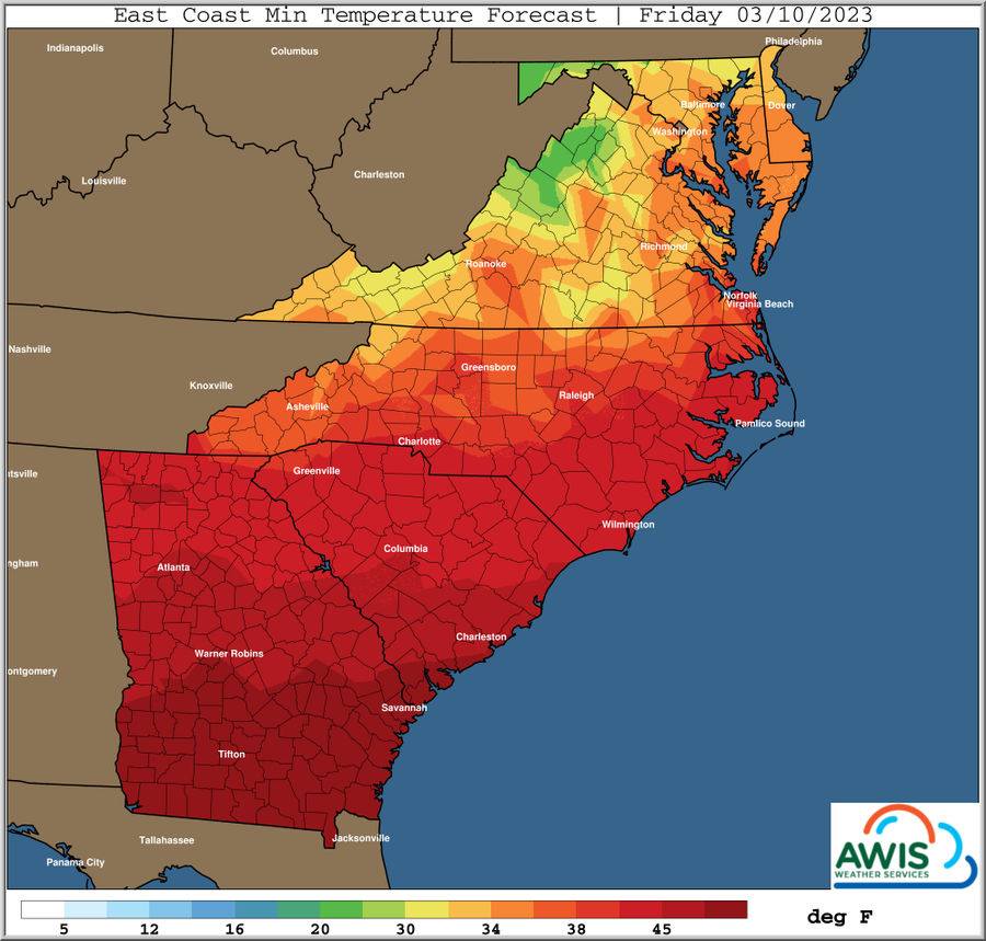 East Coast Min Temperature Forecast Friday 03/10/2023