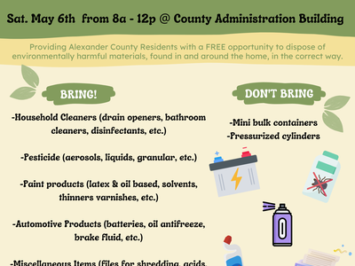 Alexander County household hazardous waste & pesticide disposal day, Sat May 6, 8a–12p