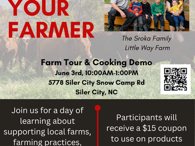 "MEAT" YOUR FARMER farm tour & cooking demo Jun 3, 10AM–1PM Siler City, NC. Register: go.ncsu.edu/meatyourfarmer2023